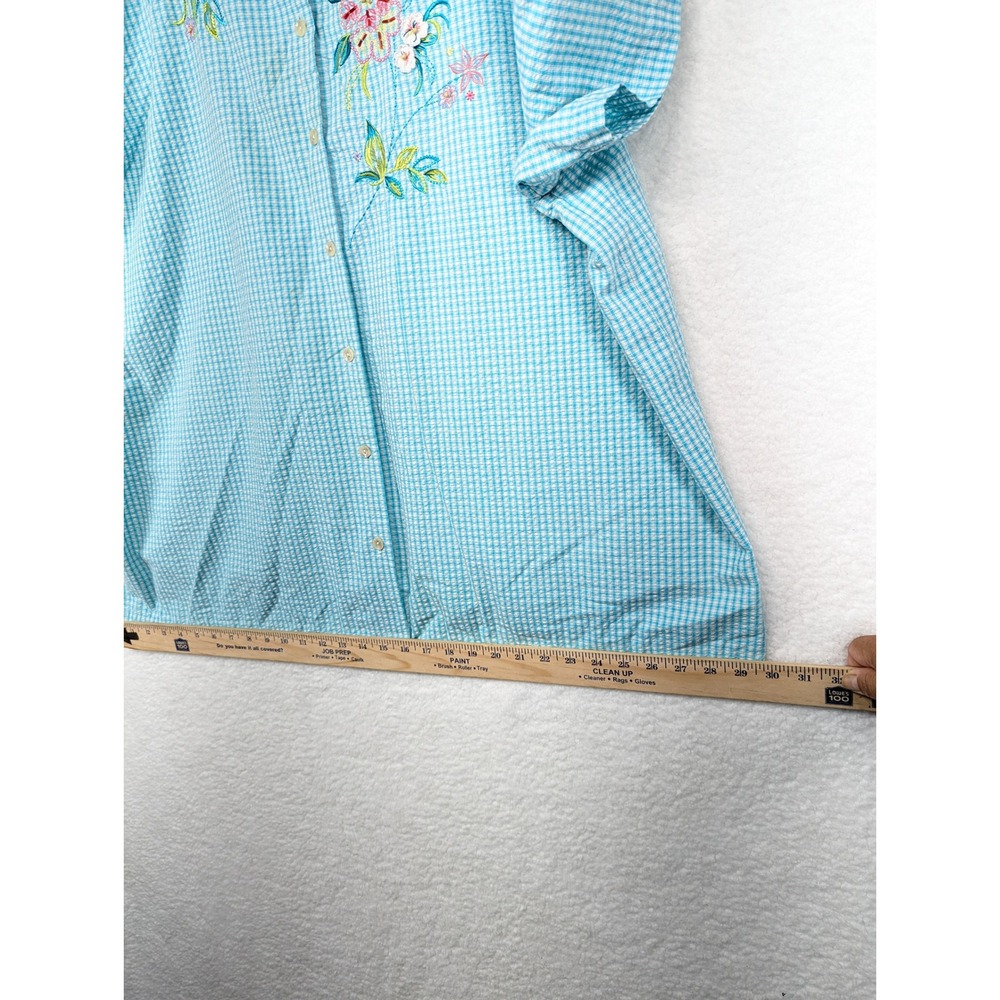 Koret Francisca Womens Turquoise Gingham Embroidered Floral Short Sleeve 28W - Picture 6 of 9